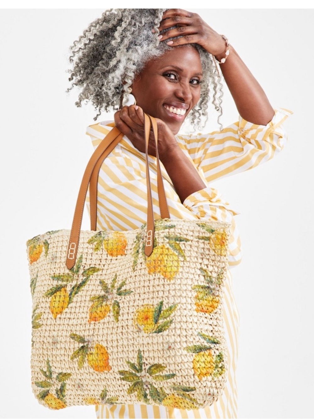 Macy's Yellow Lemon Print Straw Tote with Tan Handles